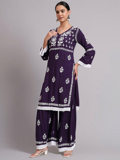 Women Hand Embroidered Lucknowi Chikankari Rayon Kurta Set-AL4077KS Purple