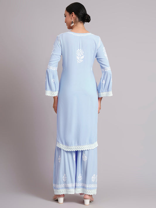 Women Hand Embroidered Lucknowi Chikankari Rayon Kurta Set-AL4077KS Denim