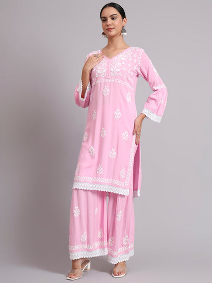Women Hand Embroidered Lucknowi Chikankari Rayon Kurta Set-AL4077KS Pink