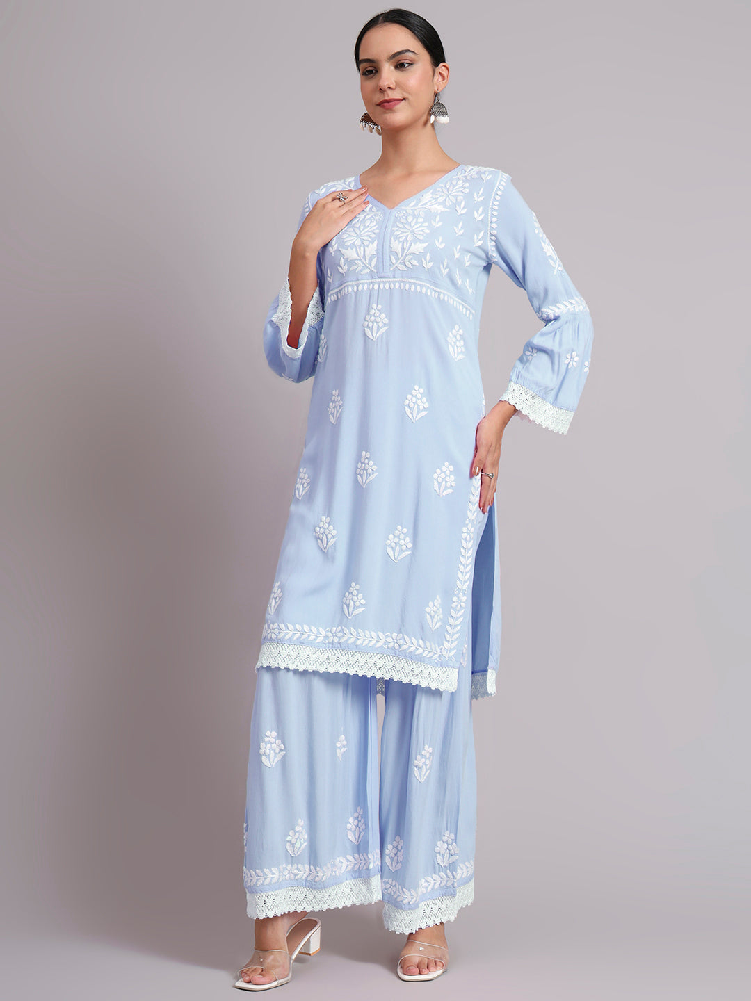 Women Hand Embroidered Lucknowi Chikankari Rayon Kurta Set-AL4077KS Denim