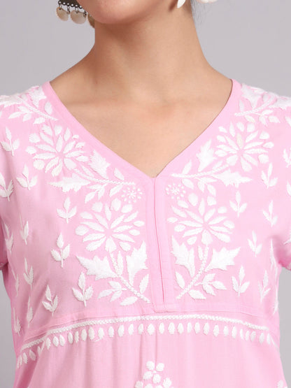 Women Hand Embroidered Lucknowi Chikankari Rayon Kurta Set-AL4077KS Pink