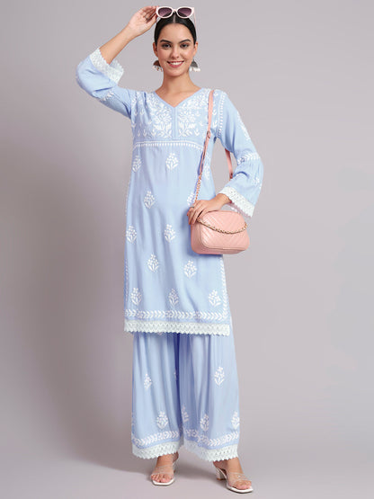 Women Hand Embroidered Lucknowi Chikankari Rayon Kurta Set-AL4077KS Denim