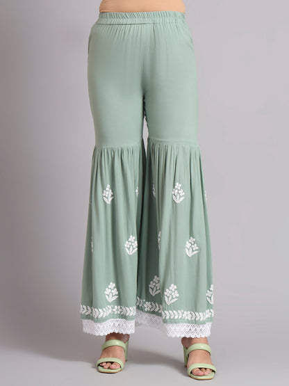 Women Hand Embroidered Lucknowi Chikankari Rayon Kurta Set-AL4077KS Green