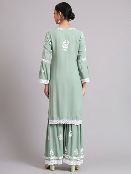 Women Hand Embroidered Lucknowi Chikankari Rayon Kurta Set-AL4077KS Green