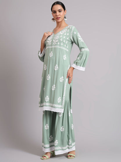 Women Hand Embroidered Lucknowi Chikankari Rayon Kurta Set-AL4077KS Green