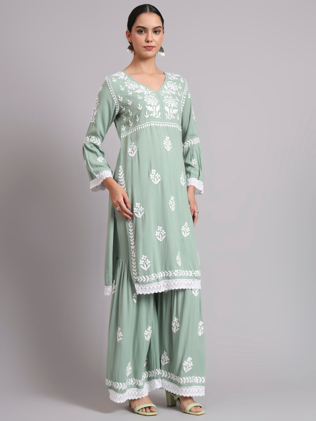 Women Hand Embroidered Lucknowi Chikankari Rayon Kurta Set-AL4077KS Green