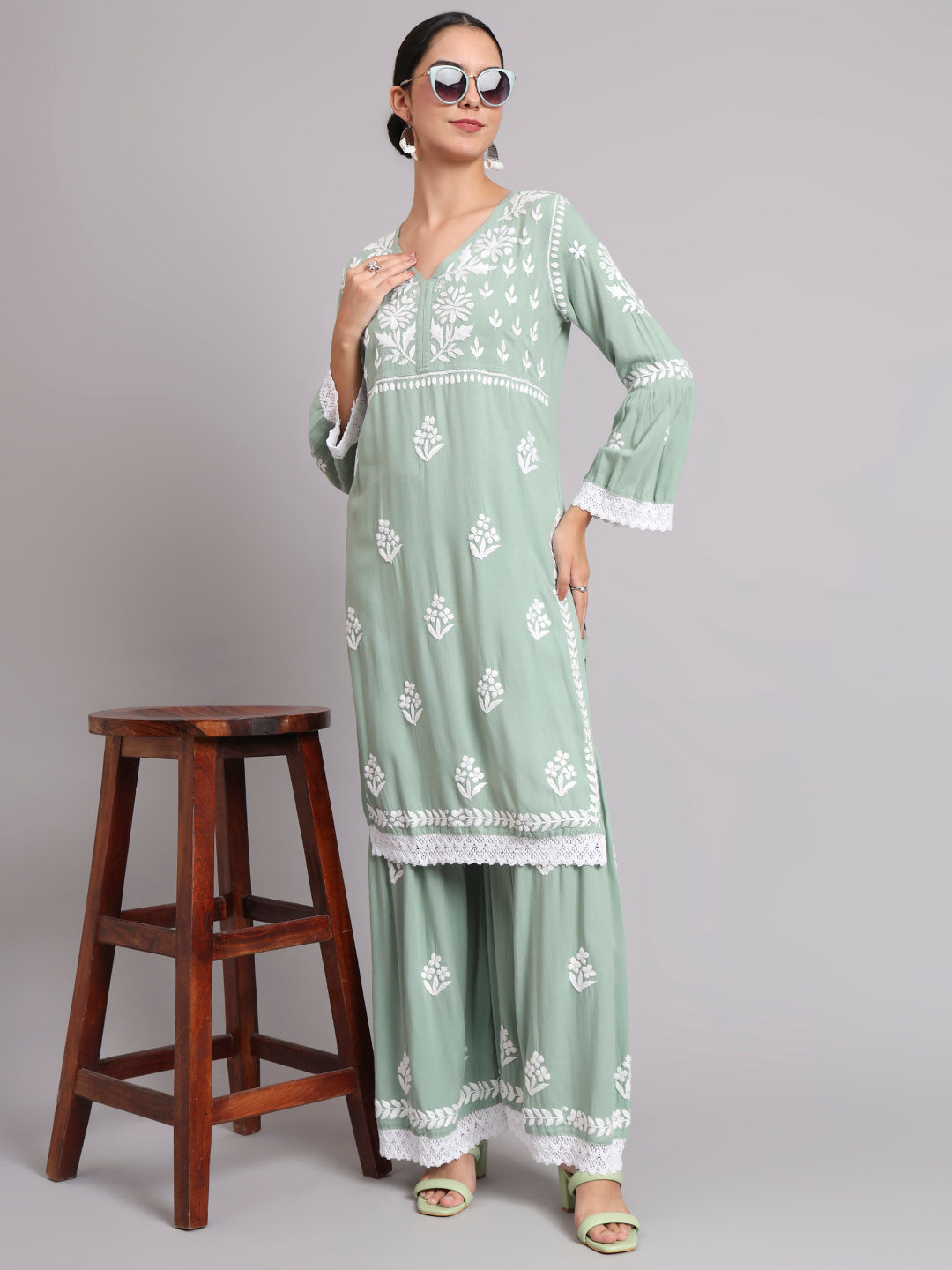 Women Hand Embroidered Lucknowi Chikankari Rayon Kurta Set-AL4077KS Green