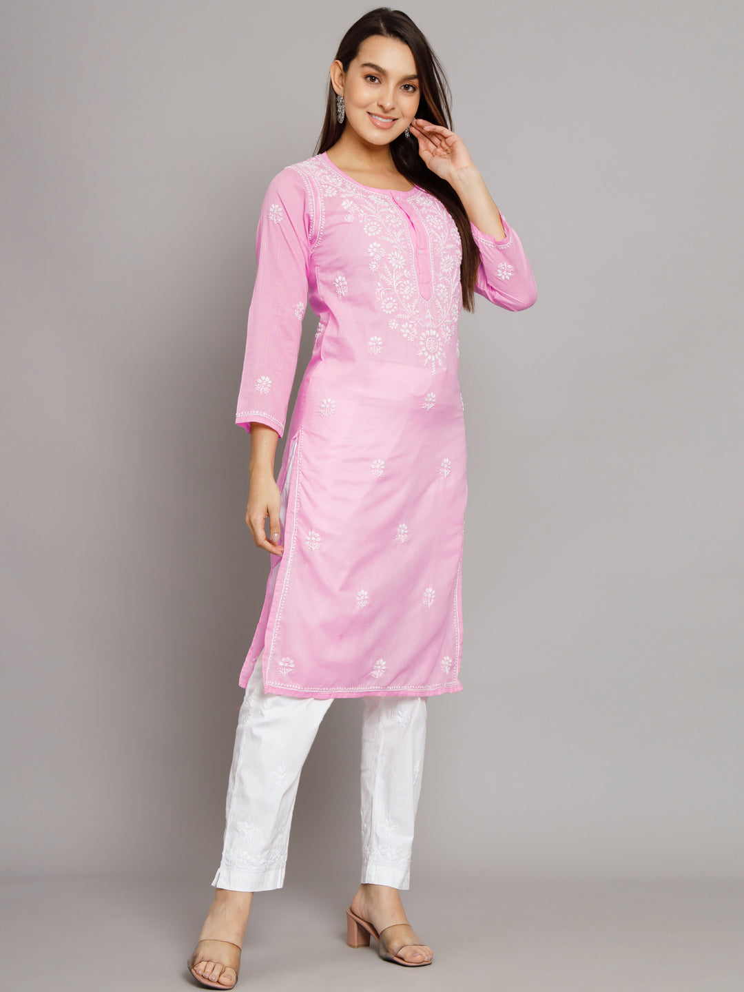 Hand Embroidered Chikankari Cotton Straight Kurta -ALNTV115 Pink