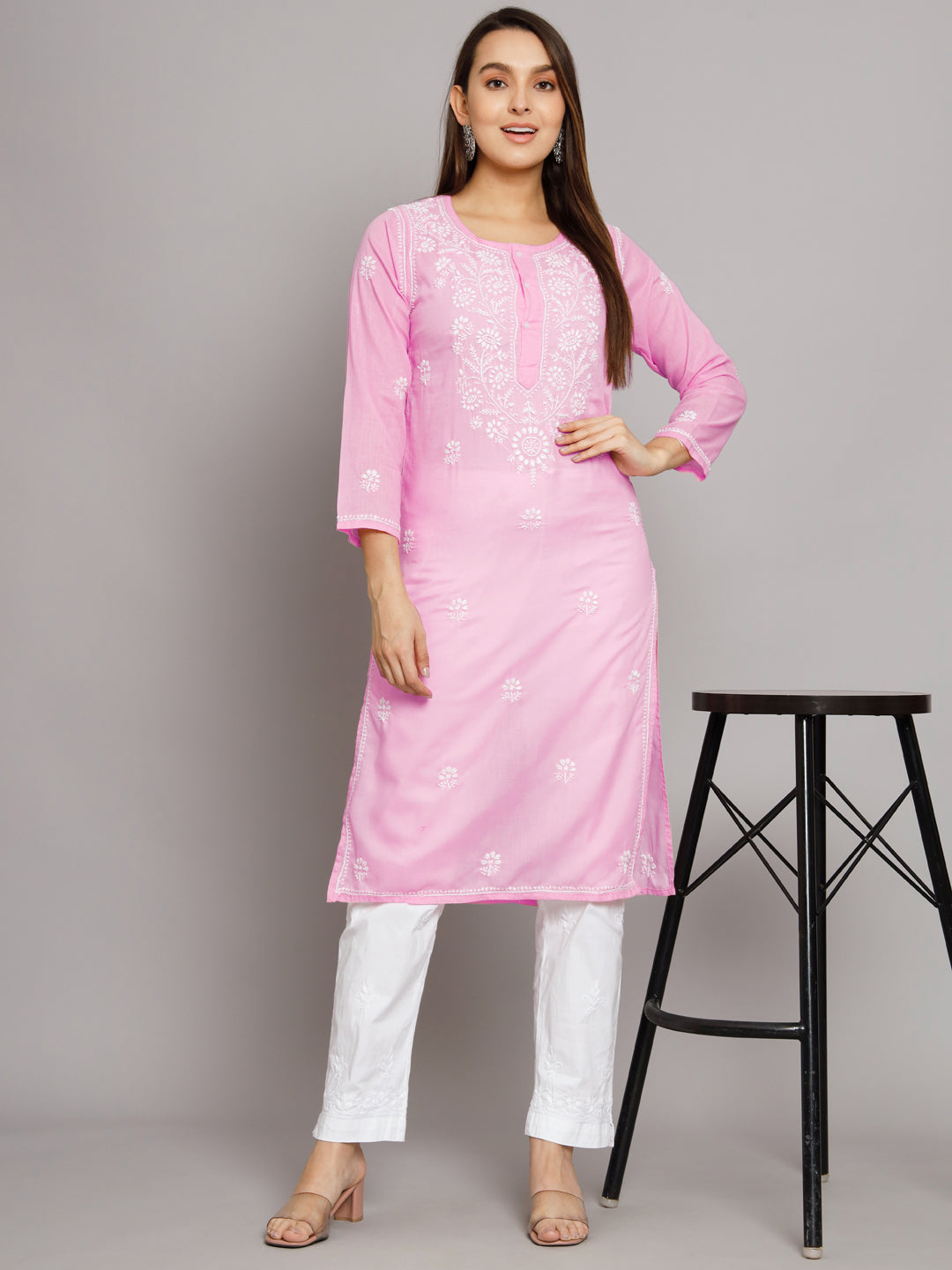 Hand Embroidered Chikankari Cotton Straight Kurta -ALNTV115 Pink