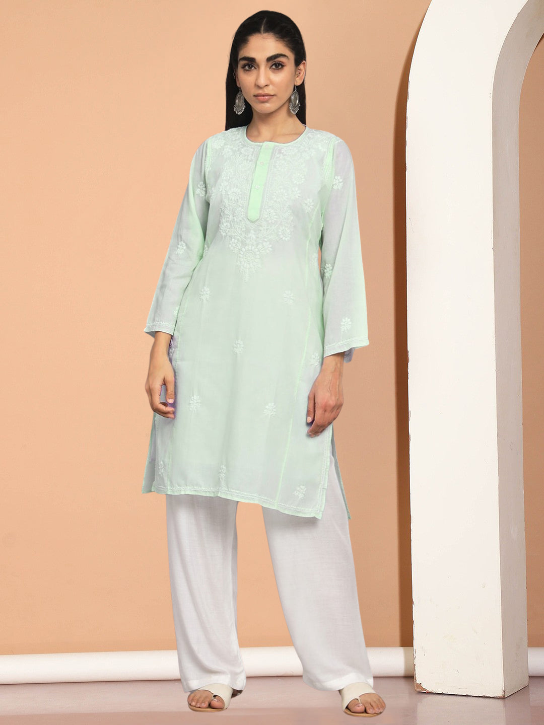 Hand Embroidered Chikankari Cotton Straight Kurta --ALNTV115 Pistagreen