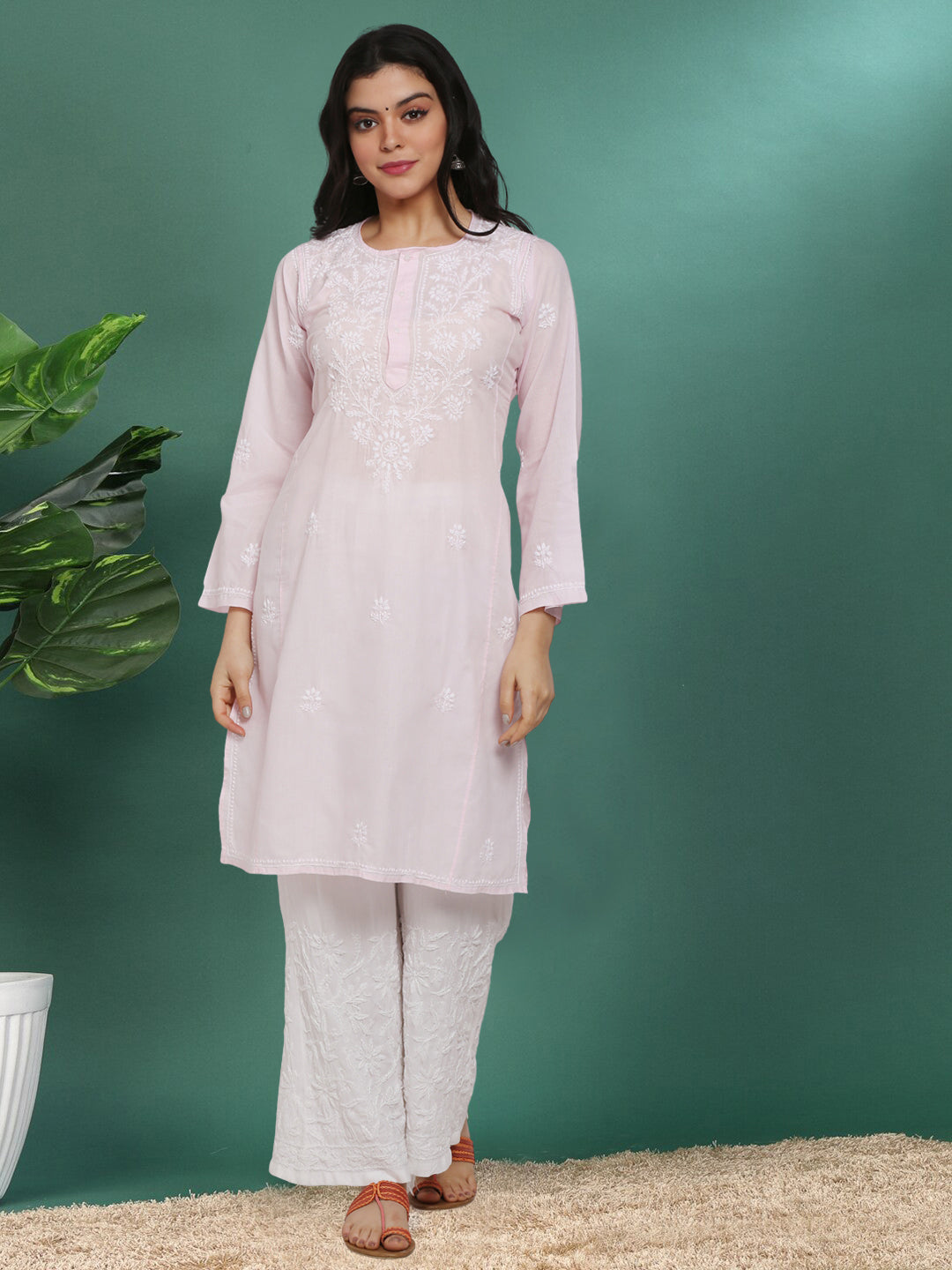 Hand Embroidered Chikankari Cotton Straight Kurta --ALNTV115 Babypink
