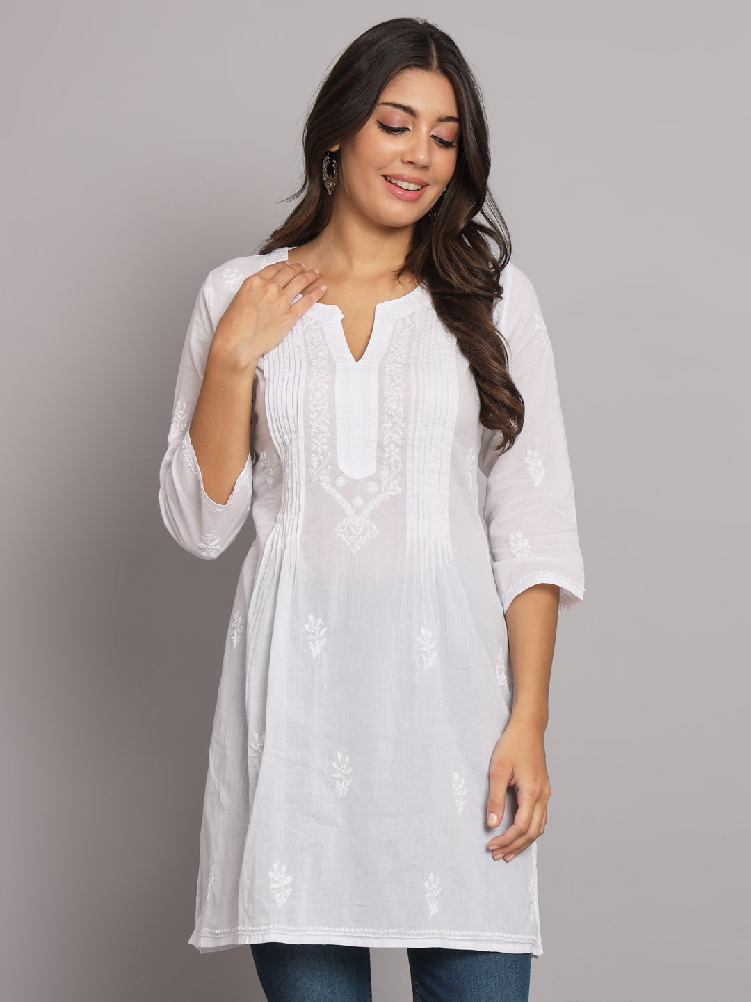 Hand Embroidered Chikankari Cotton Straight Pleated Tunic-AL1948