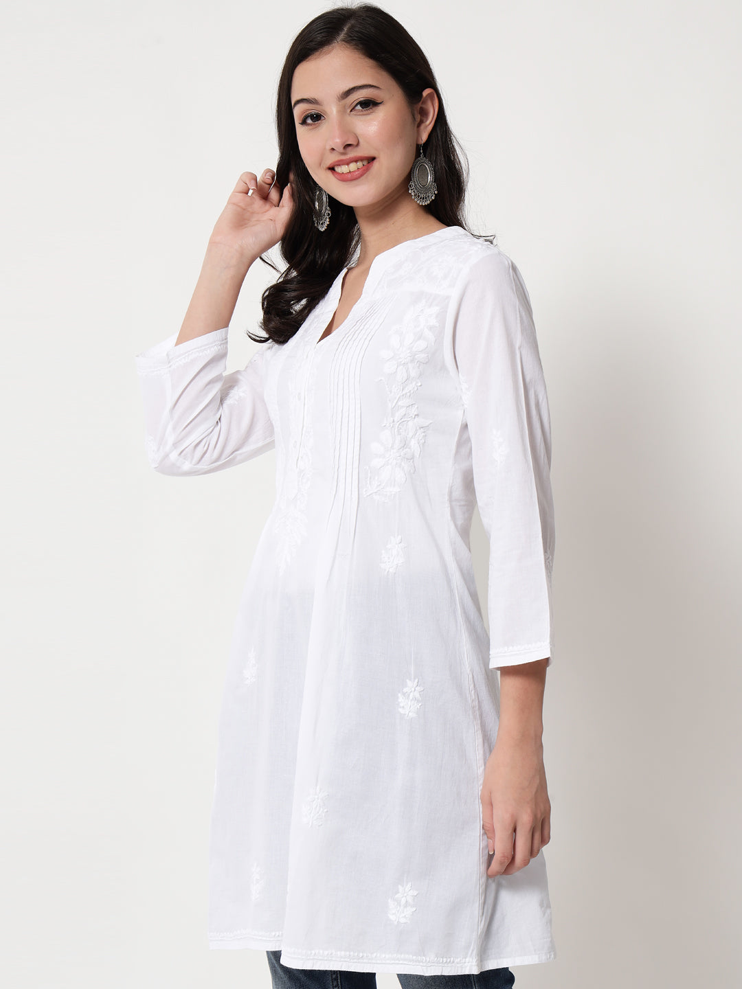 Hand Embroidered Chikankari Cotton A-Line Tunic-AL1958L White