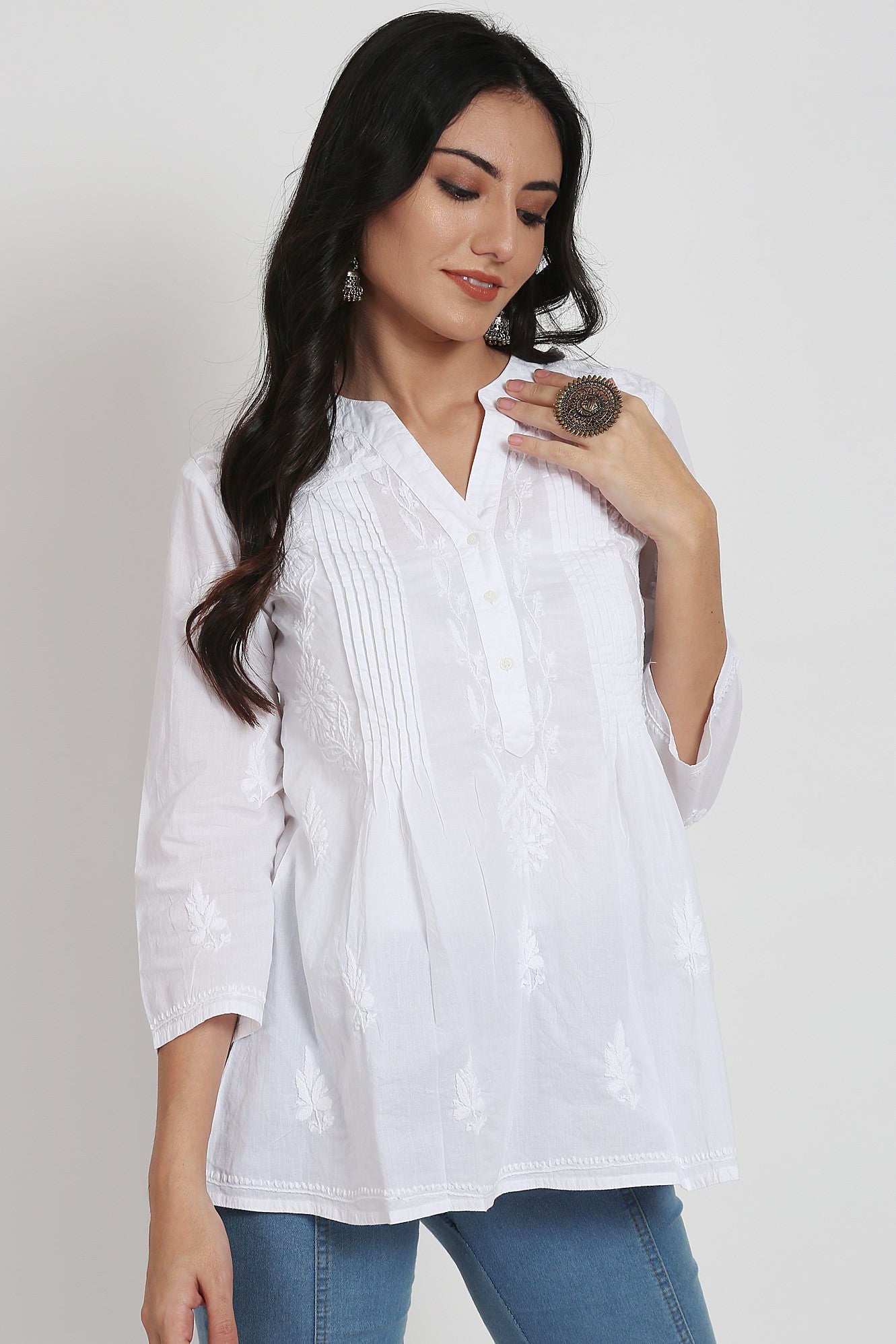 Hand Embroidered Chikankari Cotton White Short Kurti-AL1958S