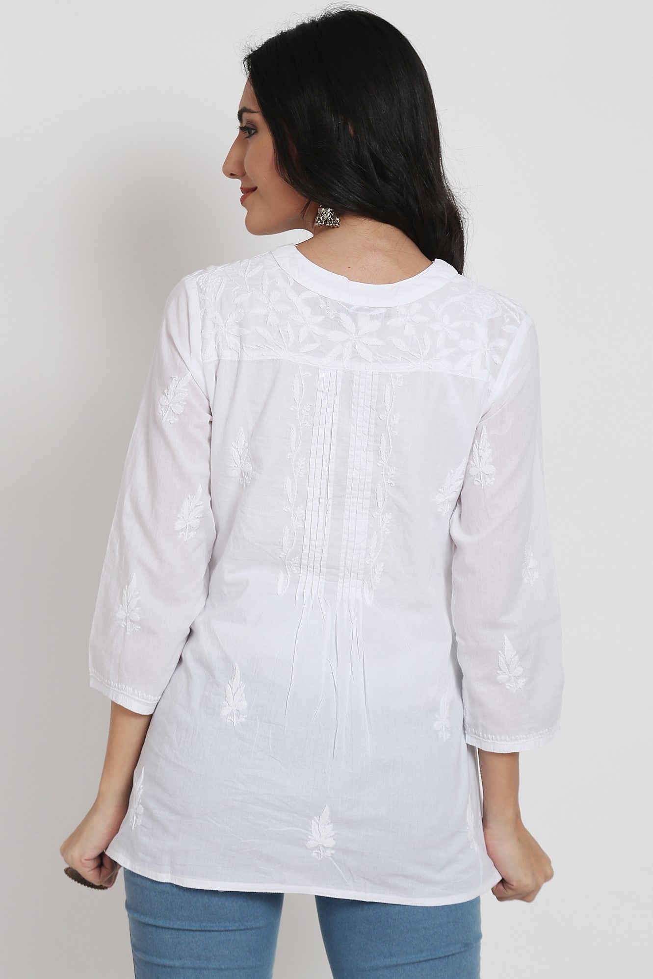 Hand Embroidered Chikankari Cotton White Short Kurti-AL1958S