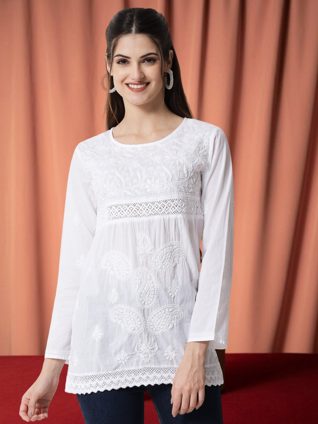 Hand Embroidered Chikankari Cotton Straight Short Kurti With Qureshia Lace-AL3347