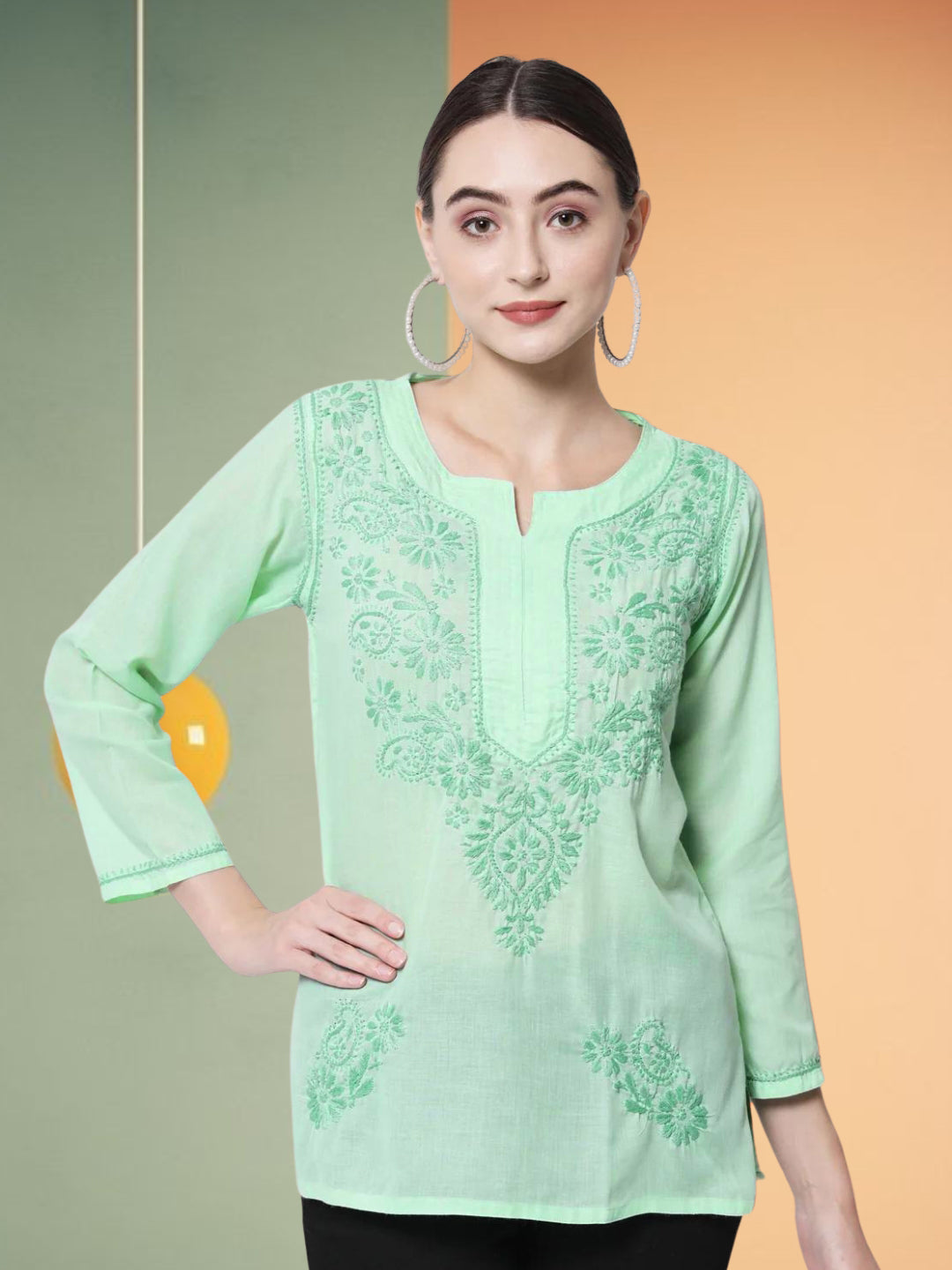 Hand Embroidered Chikankari Cotton Straight Kurti-AL3405 Green