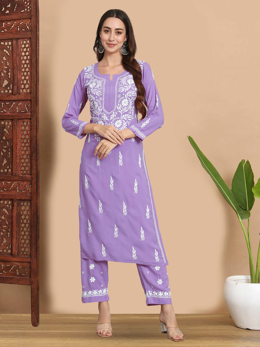 Women Hand Embroidered Chikankari Rayon Kurta set-AL3451KS Mauve