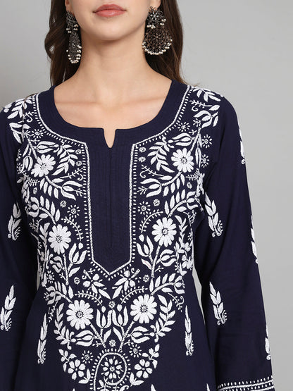 Women Hand Embroidered Chikankari Rayon Kurta set-AL3451KS Navy