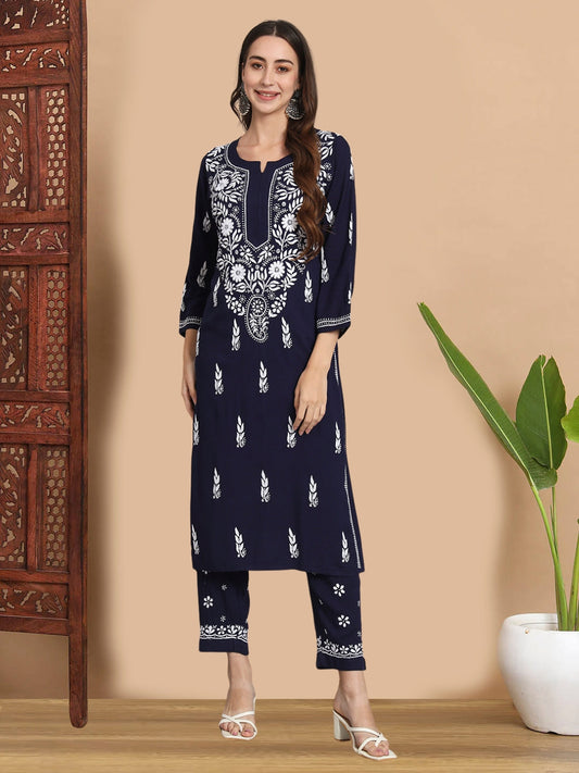 Women Hand Embroidered Chikankari Rayon Kurta set-AL3451KS Navy