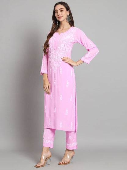 Women Hand Embroidered Chikankari Rayon Kurta set-AL3451KS Pink