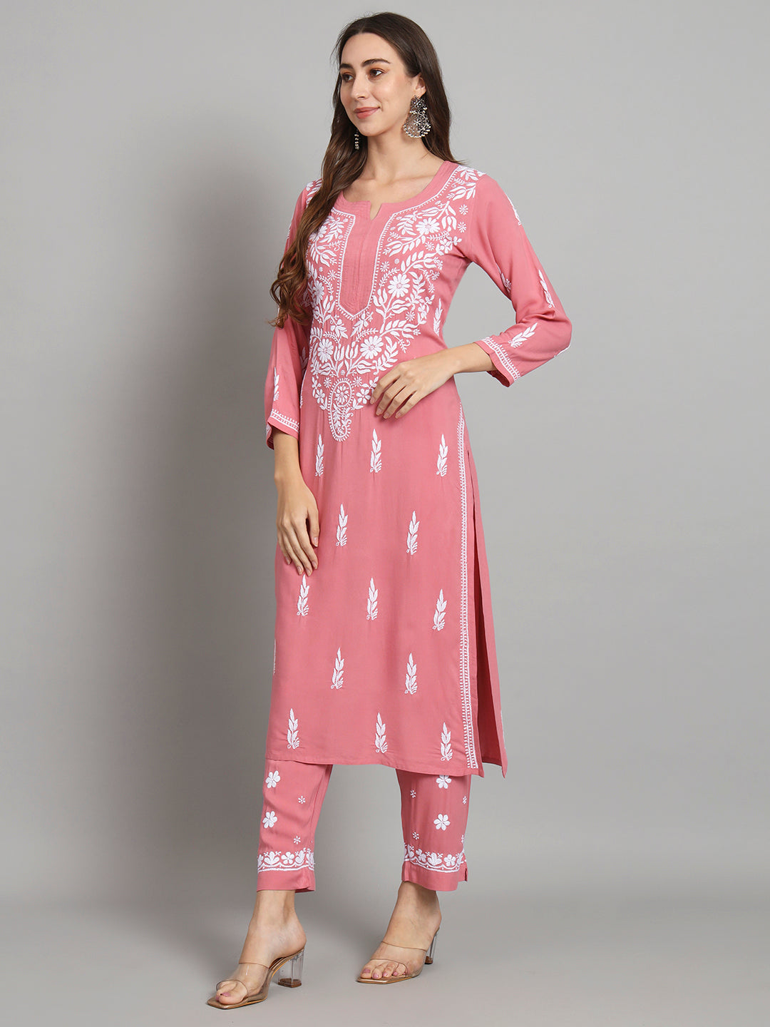 Women Hand Embroidered Chikankari Rayon Kurta set-AL3451KS Rust