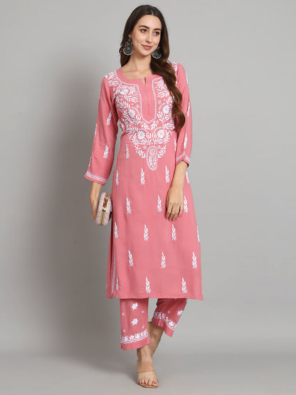 Women Hand Embroidered Chikankari Rayon Kurta set-AL3451KS Rust