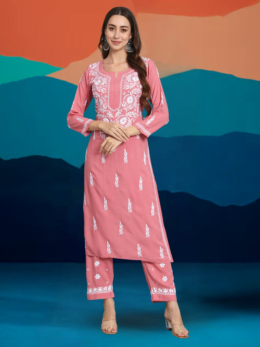 Women Hand Embroidered Chikankari Rayon Kurta set-AL3451KS Rust