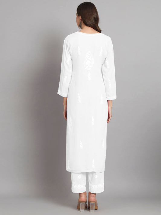 Women Hand Embroidered Chikankari Rayon Kurta set-AL3451KS White
