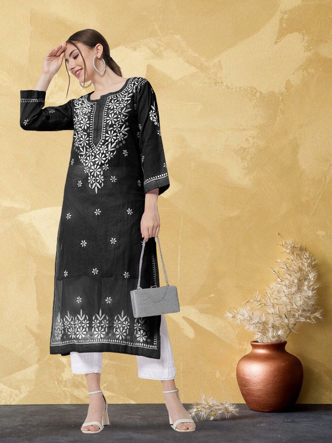 Hand Embroidered Chikankari Kota Straight Kurta With Slip-AL3540 Black