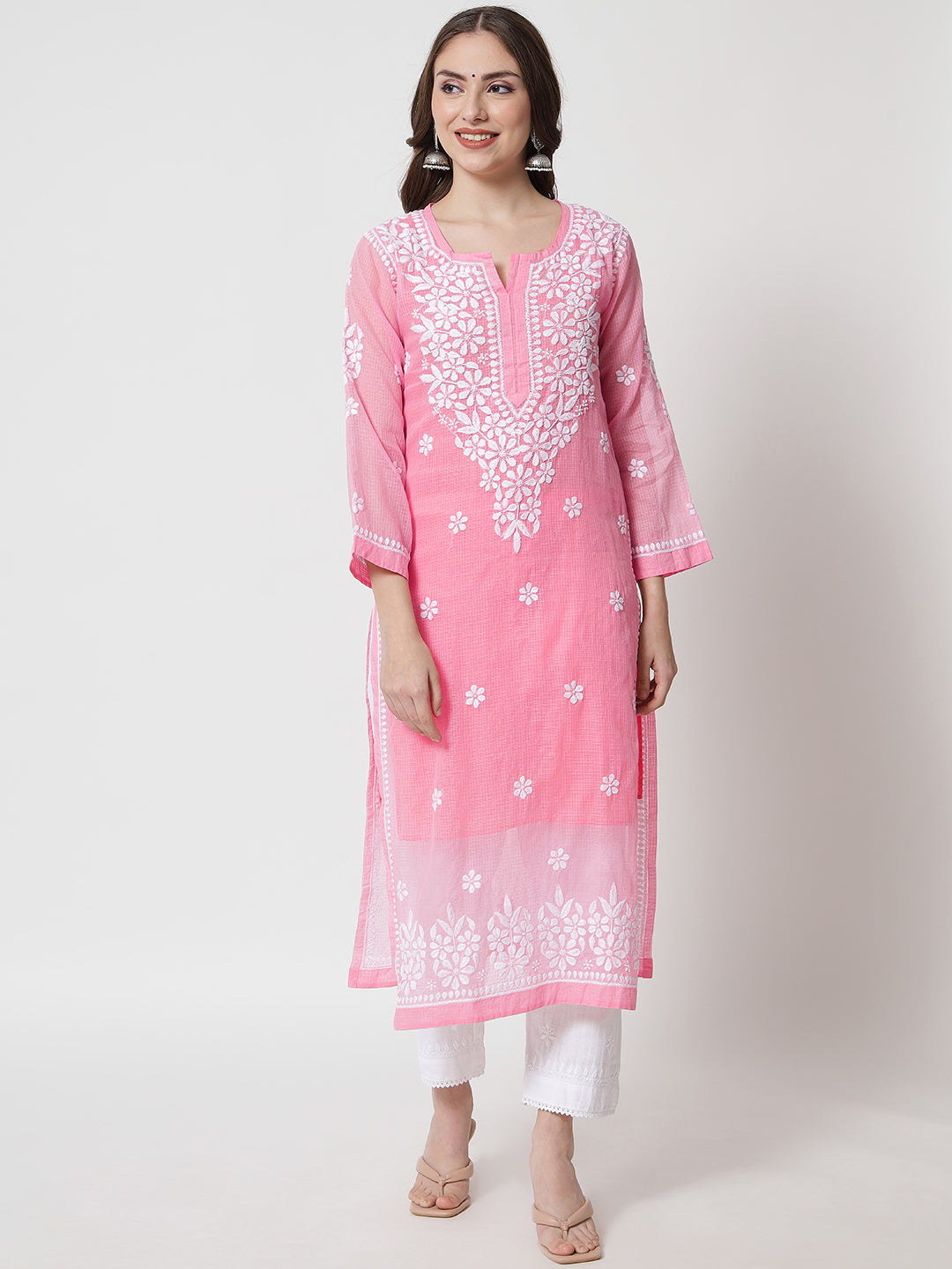Hand Embroidered Chikankari Kota Straight Kurta With Slip-AL3540 Pink