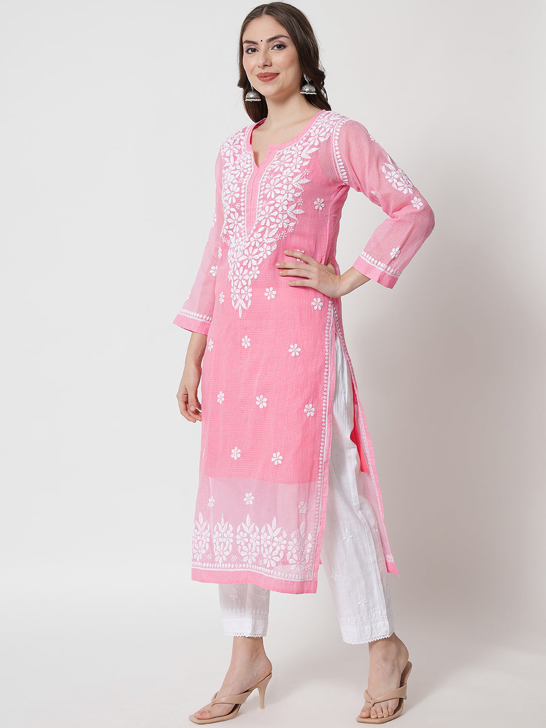 Hand Embroidered Chikankari Kota Straight Kurta With Slip-AL3540 Pink