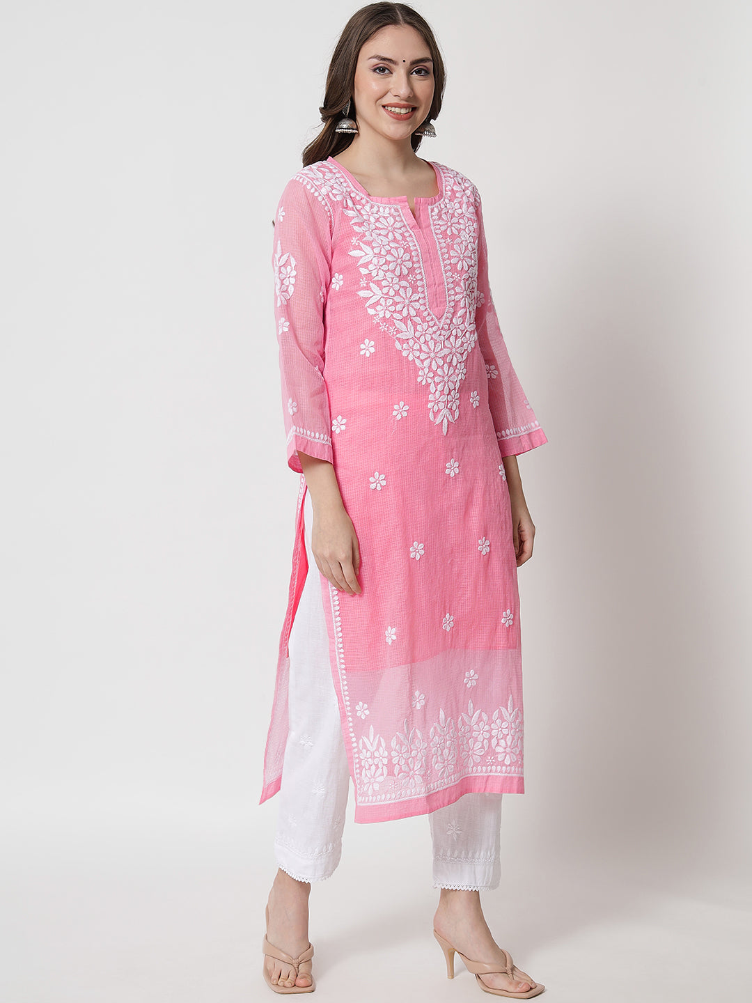 Hand Embroidered Chikankari Kota Straight Kurta With Slip-AL3540 Pink