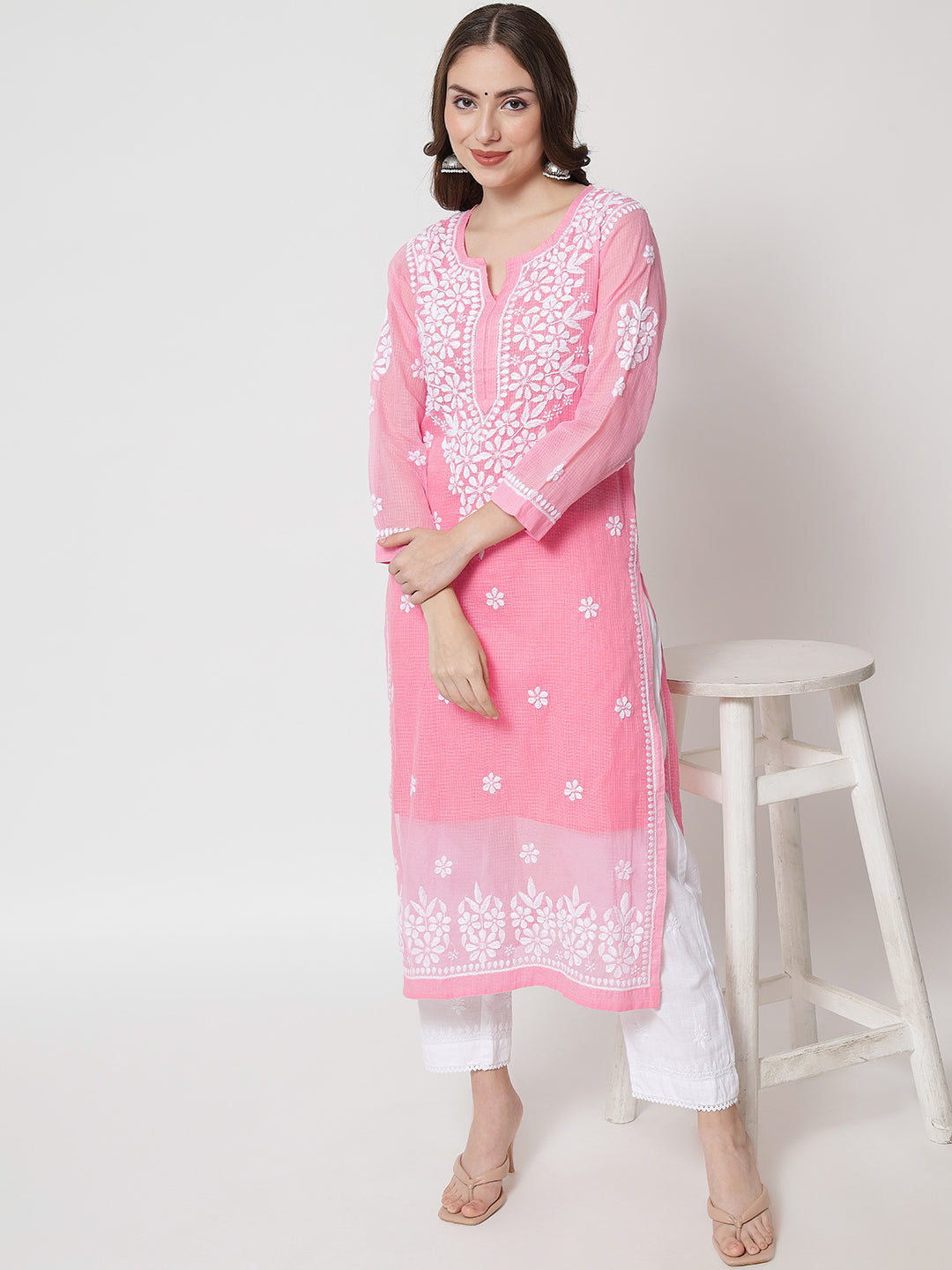 Hand Embroidered Chikankari Kota Straight Kurta With Slip-AL3540 Pink