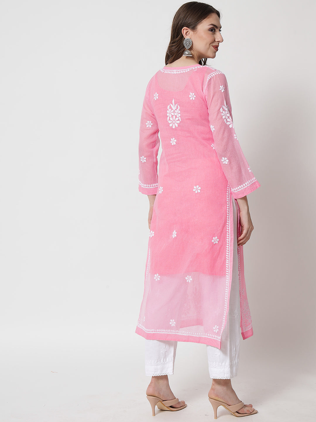 Hand Embroidered Chikankari Kota Straight Kurta With Slip-AL3540 Pink