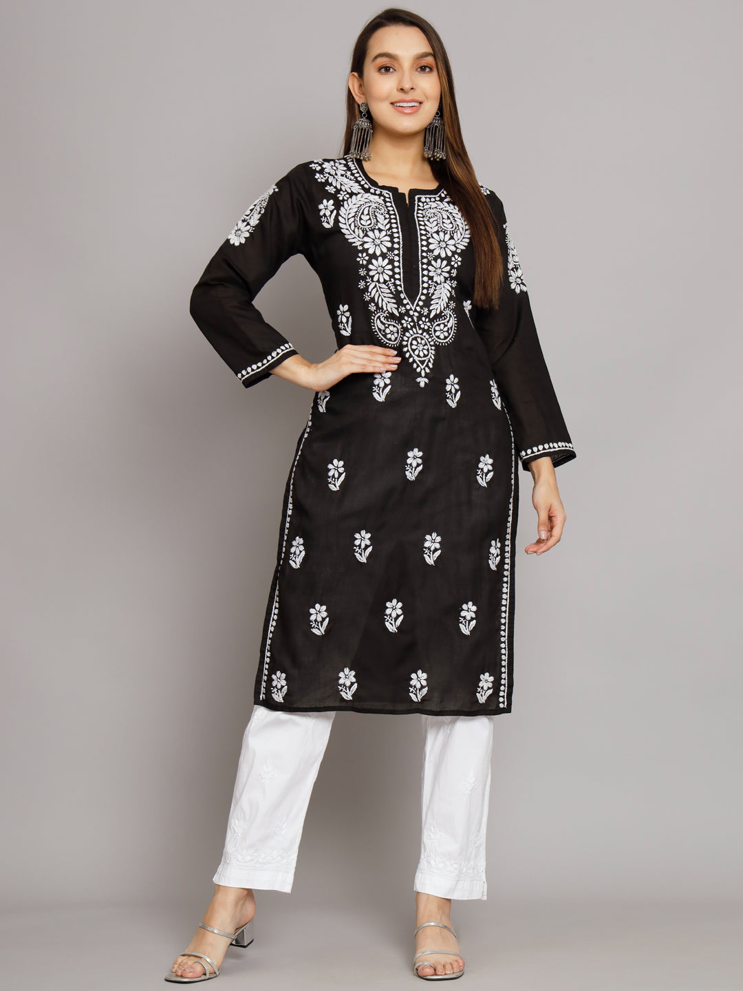 Hand Embroidered Chikankari Cotton Straight Kurta-AL3561 Black