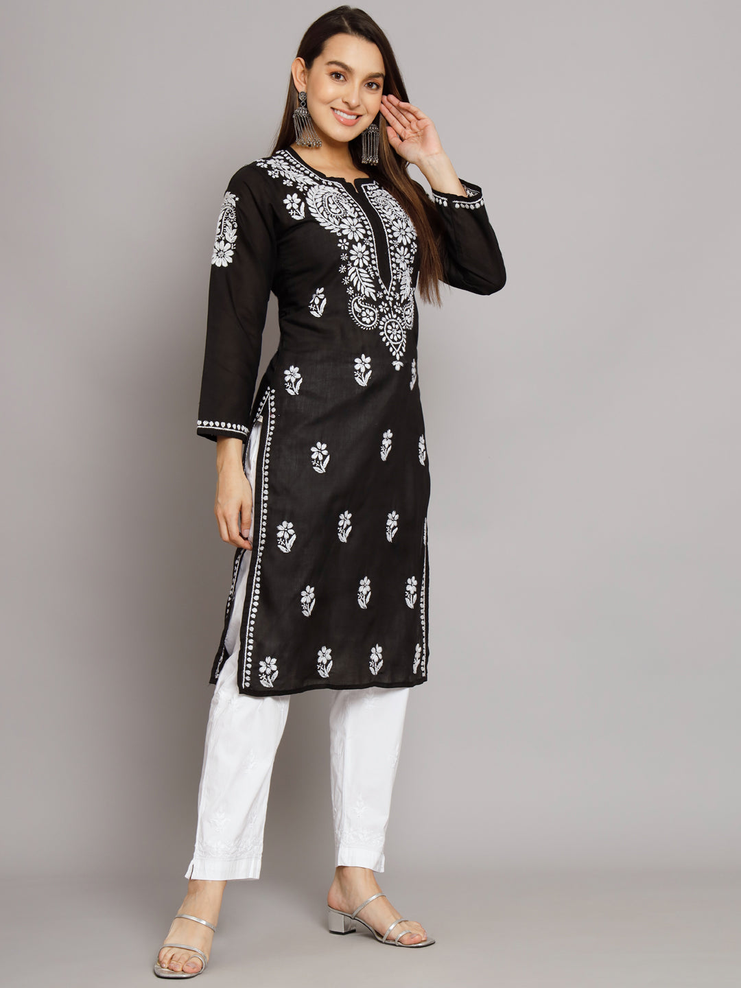 Hand Embroidered Chikankari Cotton Straight Kurta-AL3561 Black