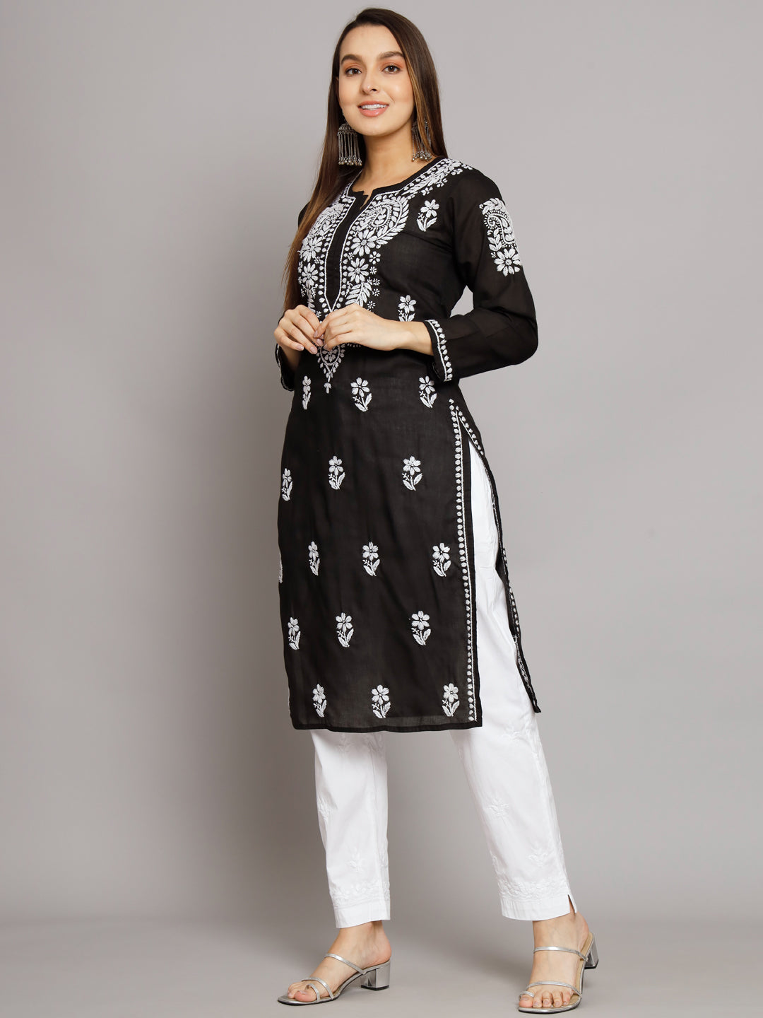 Hand Embroidered Chikankari Cotton Straight Kurta-AL3561 Black