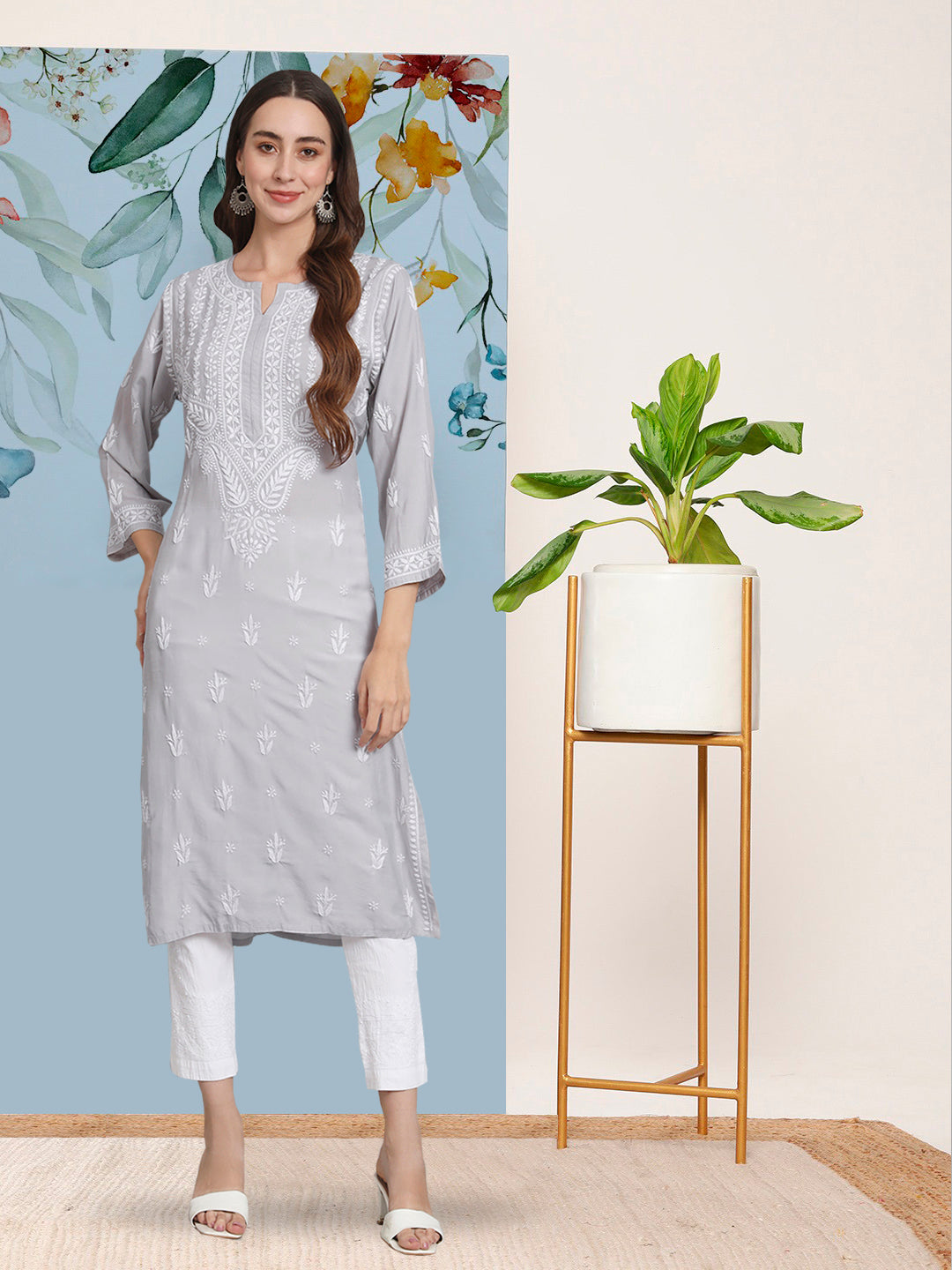 Women Hand Embroidered Chikankari Modal Kurta-AL3584 Grey