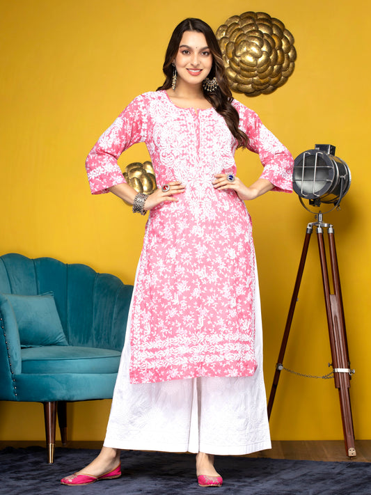 Hand Embroidered Chikankari Mulmul Straight Kurta-AL3648 Pink