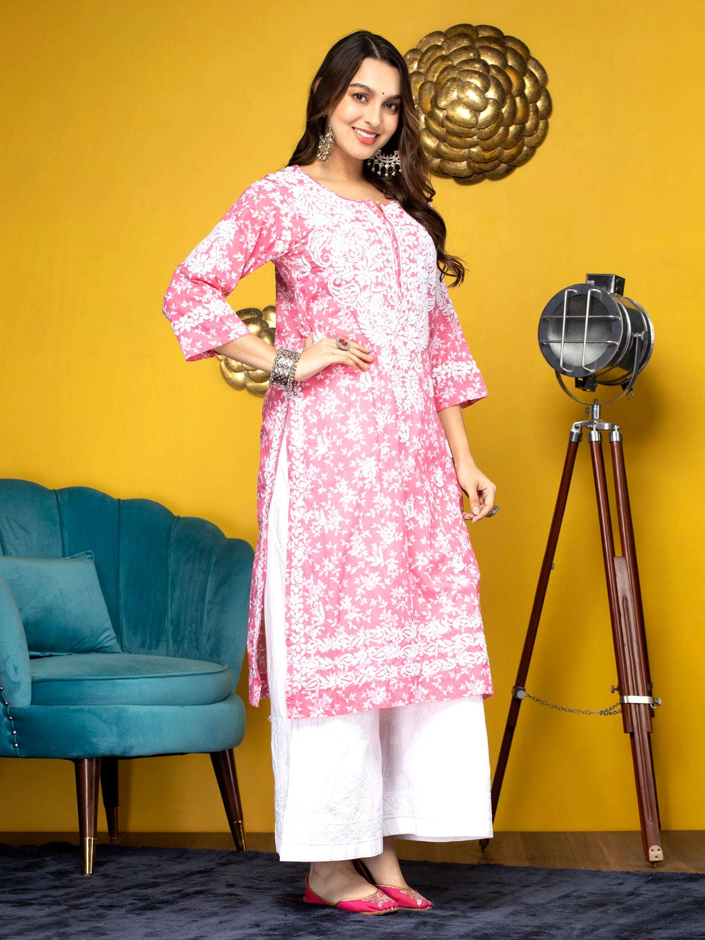 Hand Embroidered Chikankari Mulmul Straight Kurta-AL3648 Pink