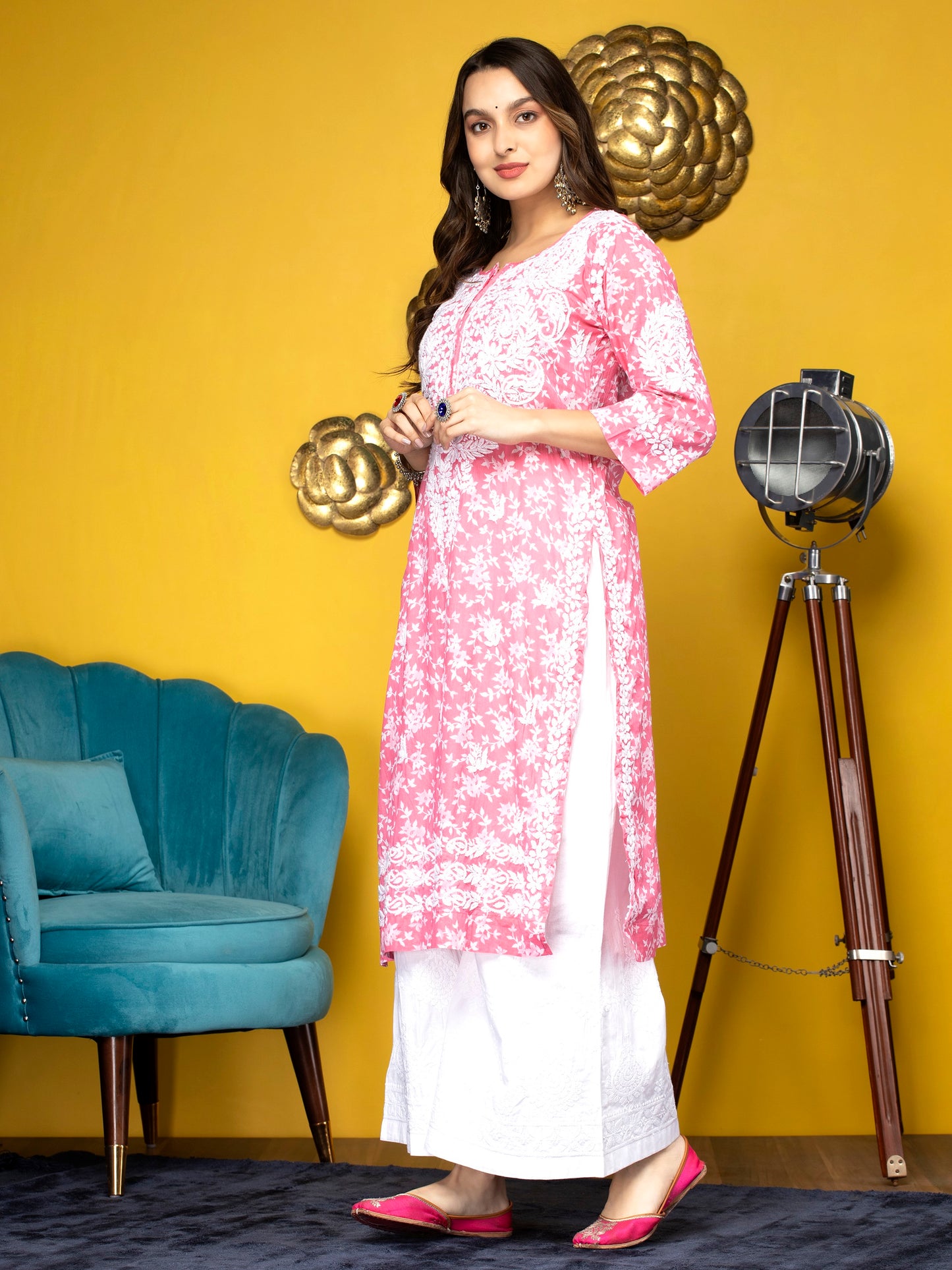 Hand Embroidered Chikankari Mulmul Straight Kurta-AL3648 Pink