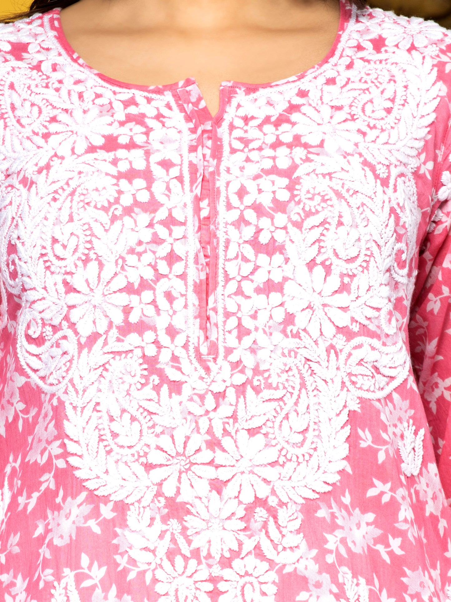 Hand Embroidered Chikankari Mulmul Straight Kurta-AL3648 Pink