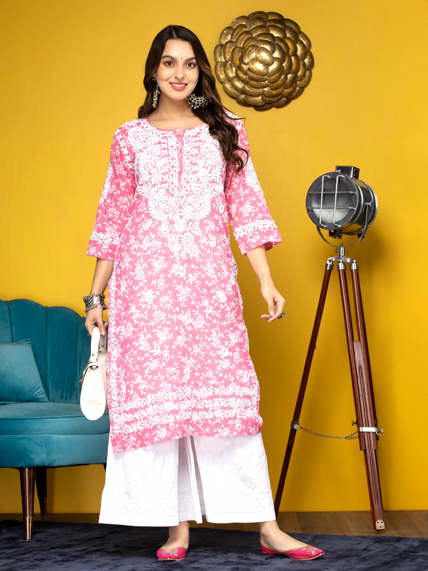 Hand Embroidered Chikankari Mulmul Straight Kurta-AL3648 Pink