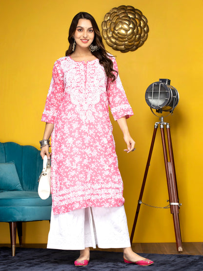 Hand Embroidered Chikankari Mulmul Straight Kurta-AL3648 Pink