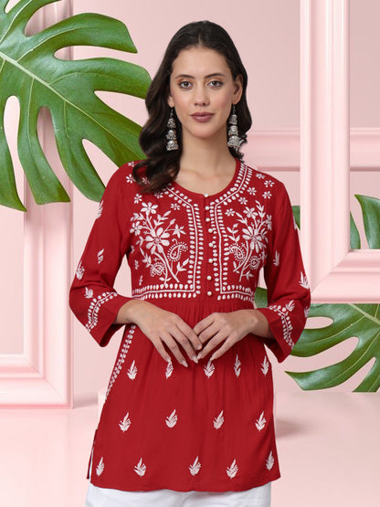 Women Hand Embroidered Chikankari Rayon Kurti with Pockets-AL3696 Red