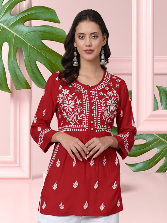Women Hand Embroidered Chikankari Rayon Kurti with Pockets-AL3696 Red