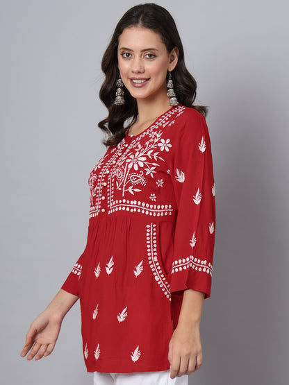 Women Hand Embroidered Chikankari Rayon Kurti with Pockets-AL3696 Red