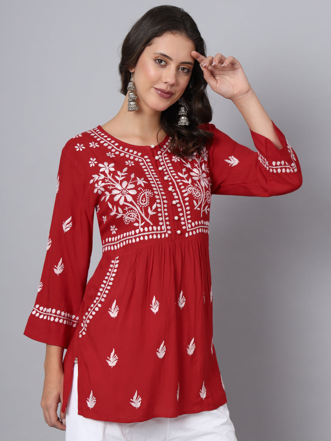Women Hand Embroidered Chikankari Rayon Kurti with Pockets-AL3696 Red
