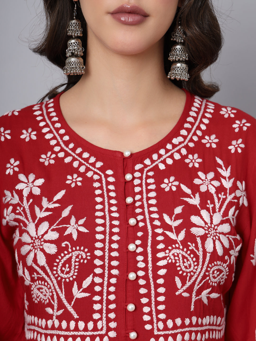 Women Hand Embroidered Chikankari Rayon Kurti with Pockets-AL3696 Red